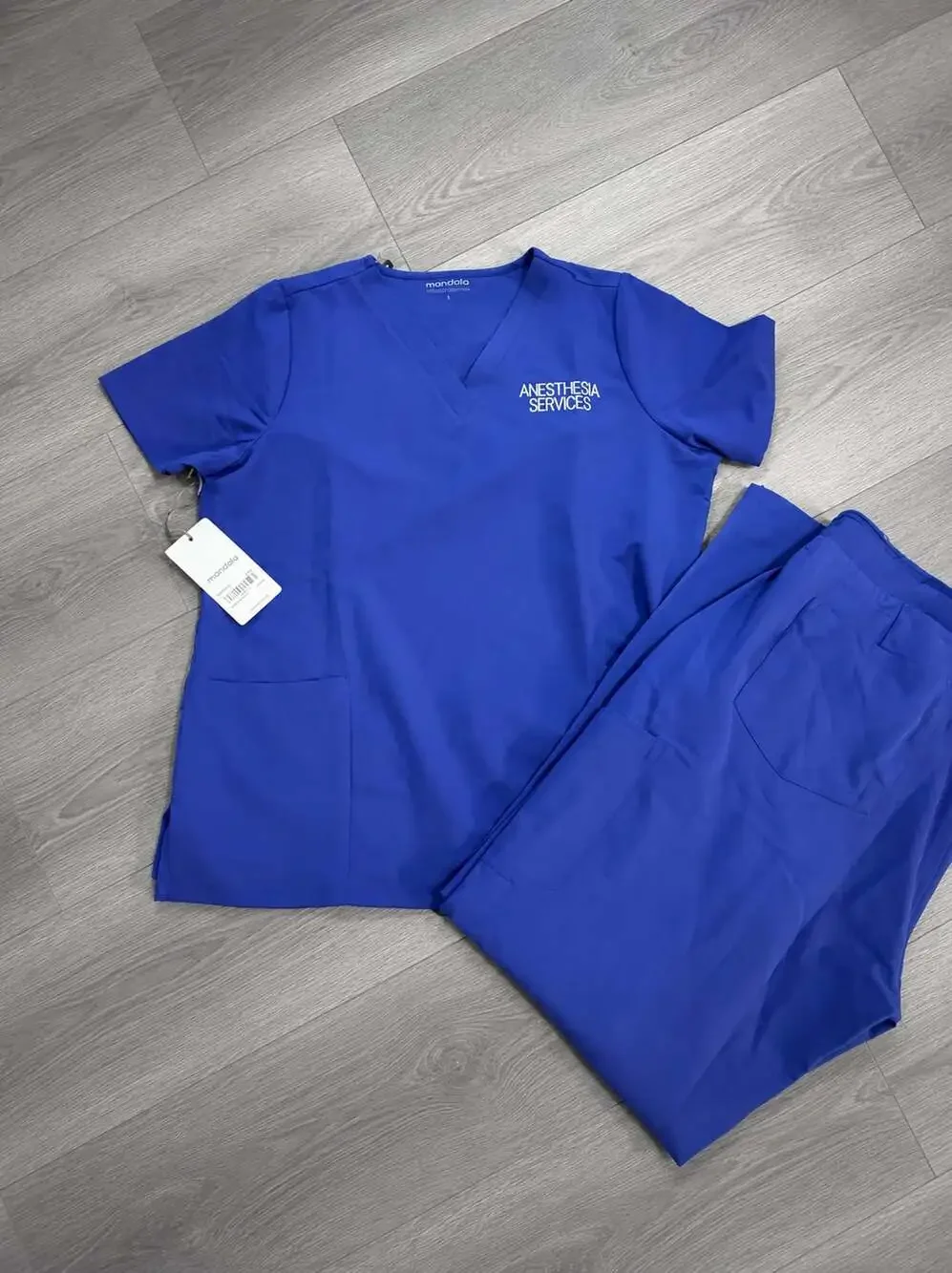 Mandala Scrubs Blue V-Neck Scrub Set with Anesthesia Services Embroidery